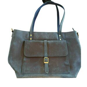 S-Zone Blue Leather Laptop Tote Bag With Zipper Closure & Front Buckle Pocket